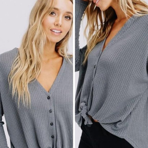 Pink Peplum Boutique Sweaters - Women's Charcoal Long Sleeve Button Up Sweaters